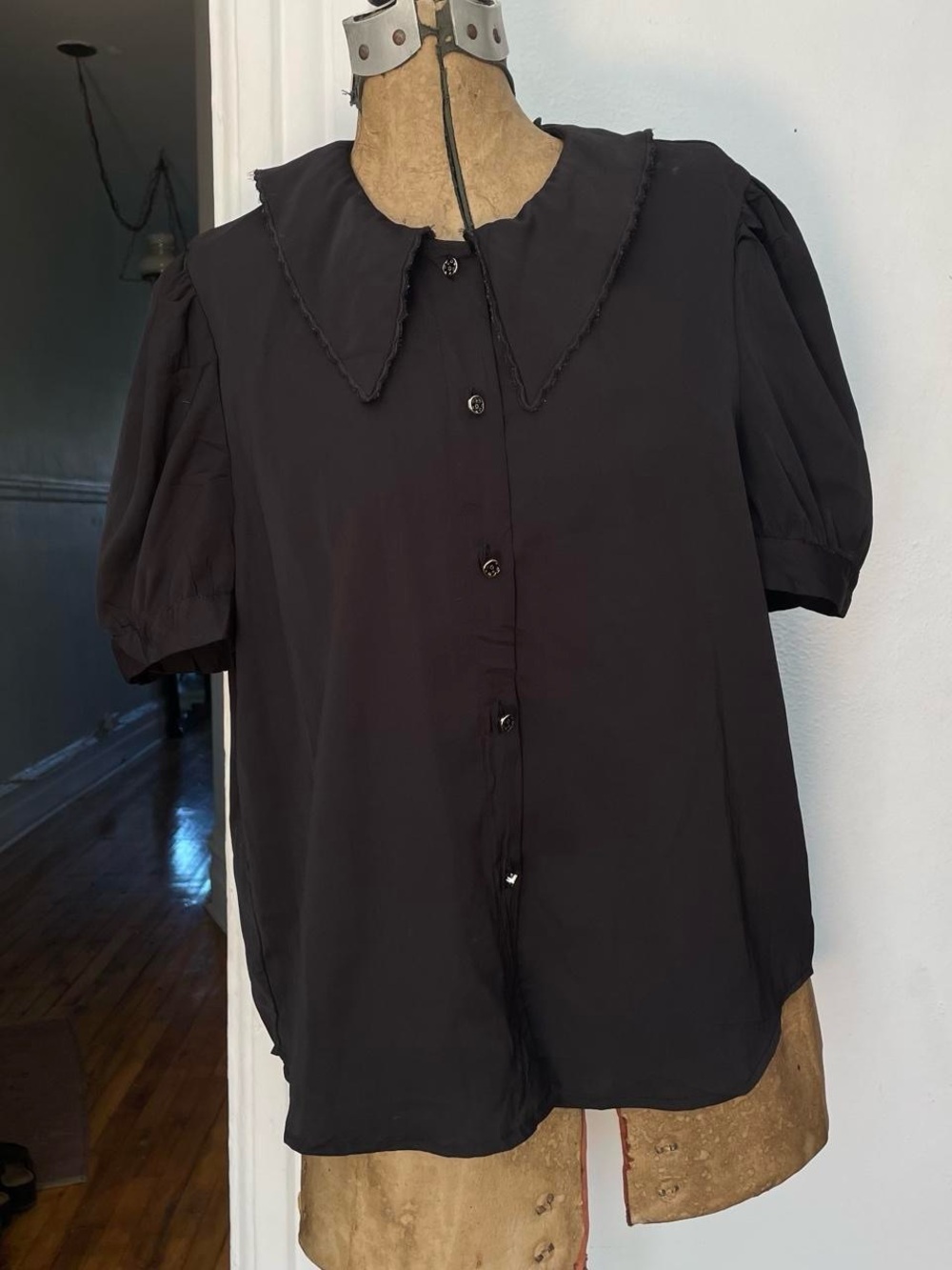 Black Short-Sleeve Blouse with Peter Pan Collar